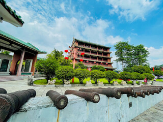 ancient buildings against blue sky in guangzhou