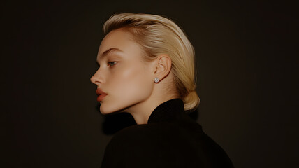 Elegant profile of a blonde woman wearing diamond earrings