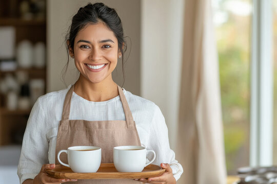 A Indian woman wearing an apron is holding two white coffee cups on one wooden tray and smiling