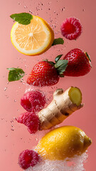 Fresh fruits splashing in water on pink background