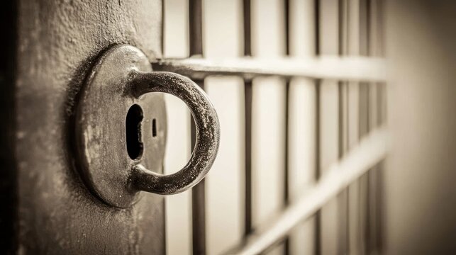 Close-up of old prison cell lock and bars.