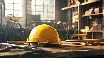 Yellow Hard Hat on Workbench Surrounded by Tools and Equipment
