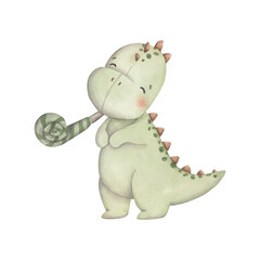 Dinosaurs Birthday Party. Watercolor hand-drawn illustration with baby dino and birthday blower horn.