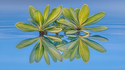 Floating plants, serene reflection, calm water, soft light