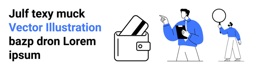 Wallet with two cards, person holding clipboard gesturing, person holding a balloon. Ideal for financial services, consulting, customer support, presentations, public speaking, marketing educational