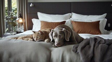 Cozy dog and cat lounging on a well-made bed in a modern bedroom setting with natural light coming through the window