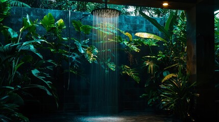 Tranquil outdoor shower surrounded by lush tropical greenery in serene retreat setting