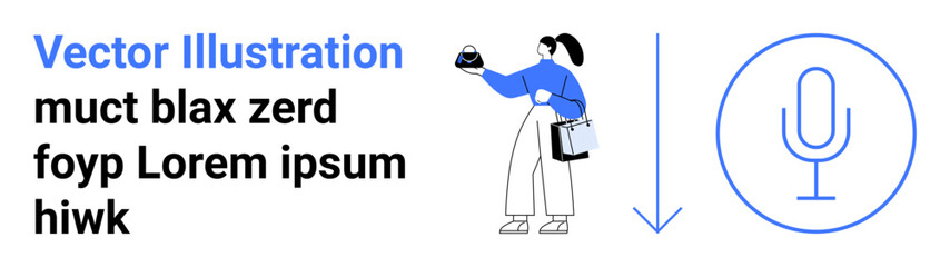 Woman standing with a clipboard and holding a small object, alongside text, arrow, and microphone icon. Ideal for business, tech, communication, presentations, tutorials modern design flat landing