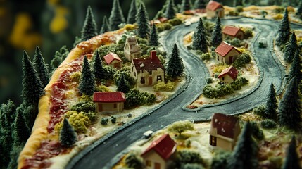 Obraz premium Creative pizza design featuring a whimsical village with winding roads and forest