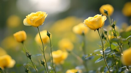 Obraz premium Charming garden scene with vibrant yellow roses blooming amongst lush green foliage : Generative AI