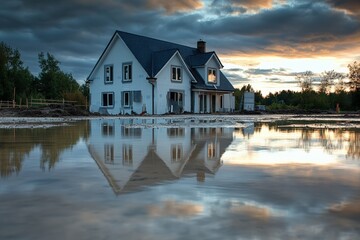 Fototapeta premium Flooded house renovation site reflects dramatic skies during stormy evening. Generative AI