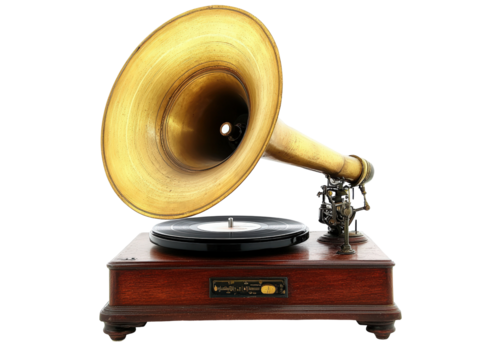 Isolated Antique Gramophone with Brass Horn and Black Record