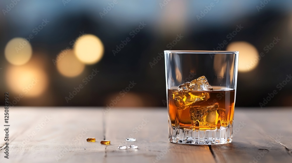 Poster Whiskey on the rocks in a clear glass with ice cubes placed on a rustic wooden table : Generative AI