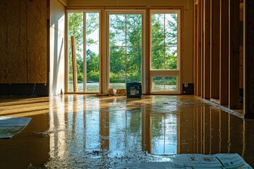 Flooded house renovation site captures the aftermath of heavy rainfall. Generative AI