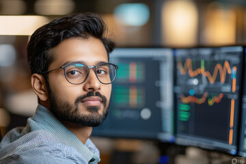 Fototapeta premium a young Indian software engineer developing climate prediction algorithms, sitting at a workstation with multiple screens displaying
