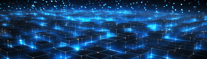 Fototapeta premium A stunning abstract digital representation of a glowing network. Blue lights illuminate a grid of cubes, creating a futuristic atmosphere essential for technology-focused designs.