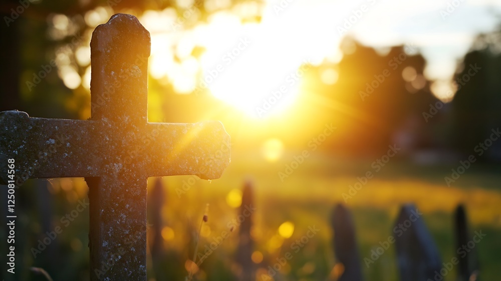 Poster Sunset casting golden light over a weathered stone cross in a cemetery creating a somber yet beautiful scene : Generative AI