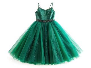 Obraz premium Emerald Green Tulle and Glitter Dress with a Detailed Design