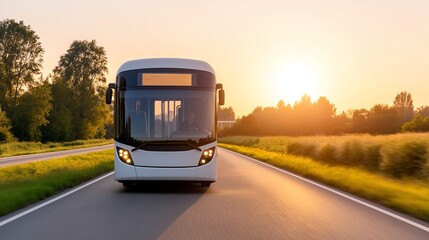 Fototapeta premium A modern bus driving at sunset along a serene road surrounded by greenery. The golden light creates a beautiful atmosphere, showcasing the essence of travel and exploration.