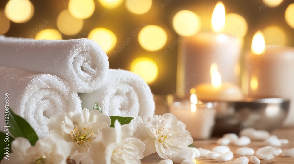 Poster spa setting with rolled towels flowers and candles for a relaxing wellness experience : generative a