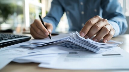 Professional writing notes surrounded by messy paperwork and a keyboard on an office desk : Generative AI