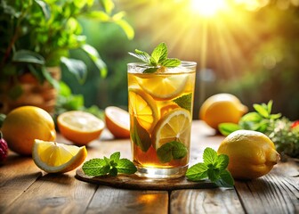 Fototapeta premium A refreshing glass of iced tea with lemon slices, mint leaves, and strawberries on a rustic wooden table, surrounded by fresh ingredients, with golden sunlight streaming in from the background.