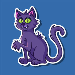 Witch black cat cartoon illustration sticker. Vector Halloween decoration element. Halloween-themed element