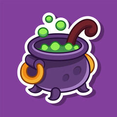 Witch cauldron with a potion cartoon illustration sticker. Vector Halloween decoration element. Halloween-themed element