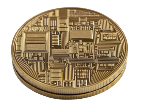 Isolated Intricate Golden Cryptocurrency Coin with Circuitry Design