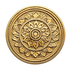 Isolated Ornate Golden Round Medallion with Flower Motif