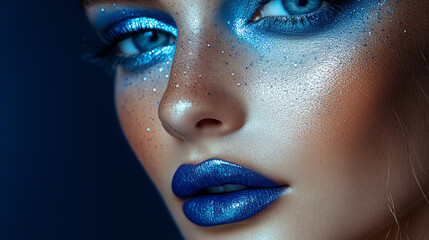 Fototapeta premium A stunning close-up portrait featuring a model with vibrant blue makeup and sparkling details