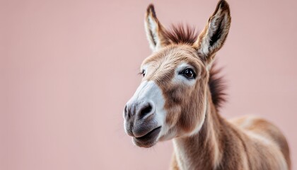 Obraz premium Cute Donkey Portrait with Soft Brown Fur Against a Pink Background