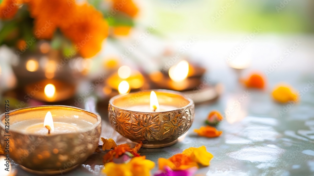 Poster a serene setting with glowing candles surrounded by vibrant marigold flowers on a bright table : gen