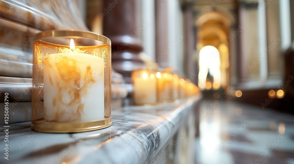 Wall mural Decorative candles lined up on a marble surface illuminating grand hallway interior design : Generative AI