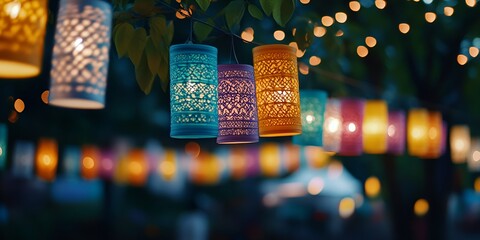 Colorful hanging lanterns with intricate patterns, creating an enchanting and festive atmosphere during Ramadan