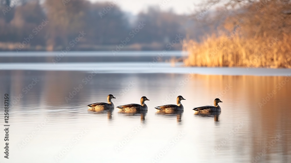 Poster serene ducks swimming on calm water reflections in a tranquil natural setting : generative ai
