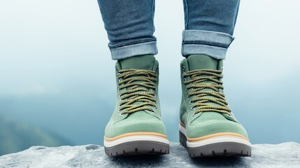 A pair of stylish green hiking boots worn by an adventurer standing on a rocky ledge, showcasing a love for the outdoors and exploration amidst a breathtaking landscape.