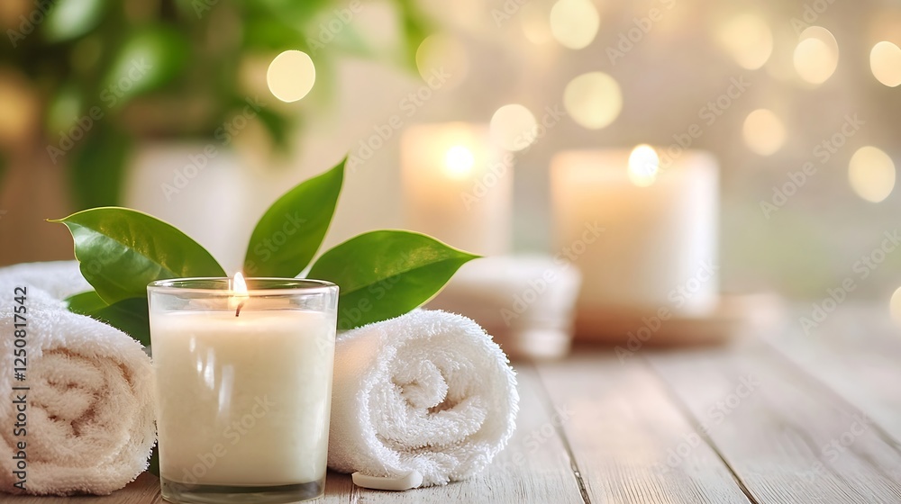 Poster tranquil spa setup with candles and fresh green leaves for relaxation : generative ai
