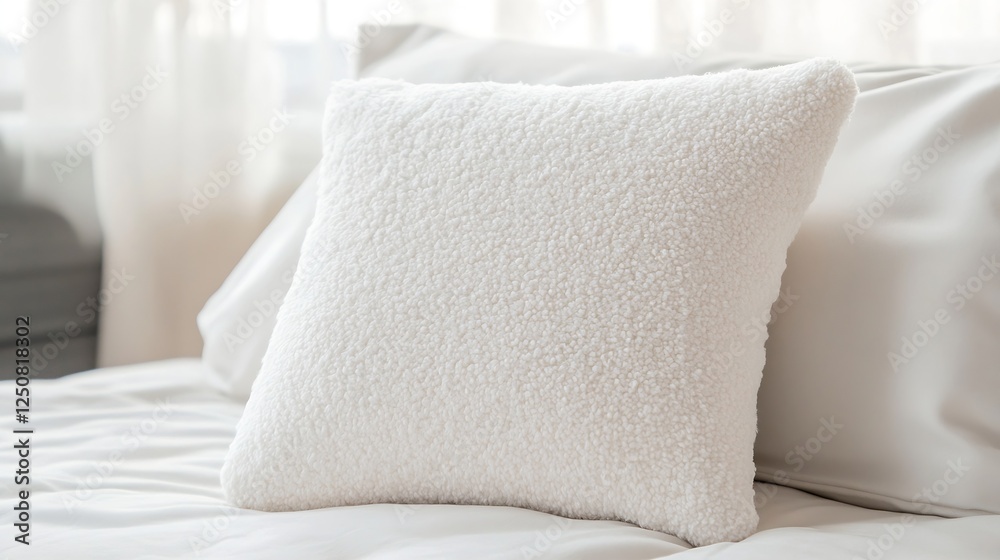 Poster soft and cozy white pillow resting on a comfortable bed in a serene room : generative ai