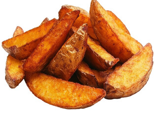 Isolated Pile of Golden Fried Potato Wedges, Close-up
