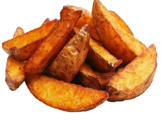 Isolated Pile of Golden Fried Potato Wedges, Close-up