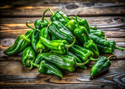 Green Padron Peppers on Rustic Wooden Table