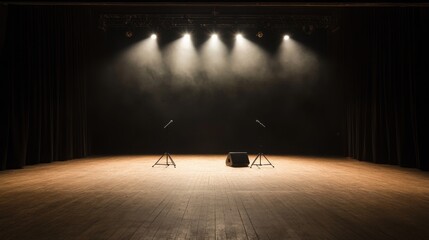 Empty stage with two microphones and a central speaker, illuminated by dramatic lighting