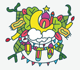 a colorful doodle art of Ramadan for Islamic design element
