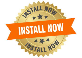 install now. install now round orange and gold label isolated on transparent background