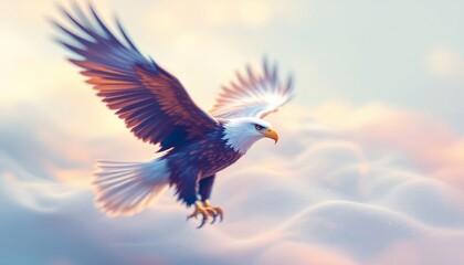 Fototapeta premium Majestic Bald Eagle Soaring Through Pastel Clouds at Sunset A Breathtaking Display of Freedom and Power