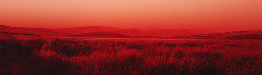 Obraz premium A stunning panoramic view of a vast landscape adorned with vibrant red hues during sunset, capturing the essence of serenity and natural beauty in its most captivating form.