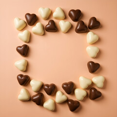 Fototapeta premium Frame of heart shaped white and dark chocolates on peach background. In top view from above. Flatlay sweets arrangement with copy space for text for Valentine's day greeting card