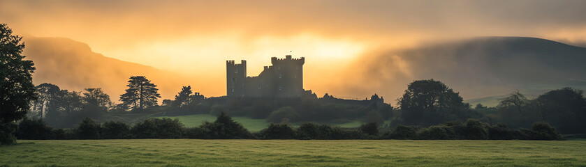 Fototapeta premium A stunning landscape showcasing an ancient castle silhouetted against a dramatic sunset, surrounded by lush green fields and rolling hills, evoking a sense of history and tranquili