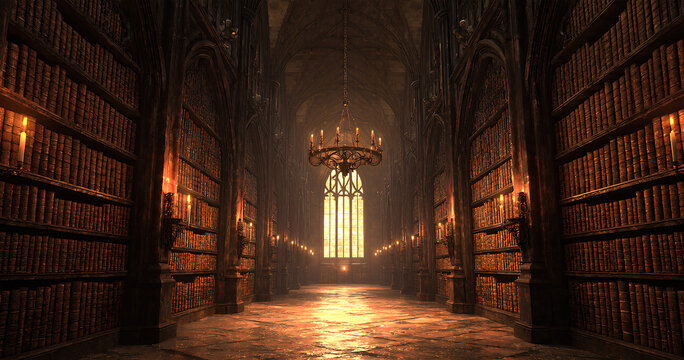 A Majestic, Ancient Library with Warm Candlelight

